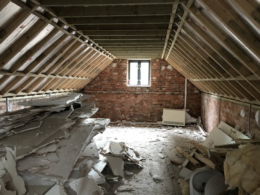 Loft room insulation prep works, plasterboards taken down