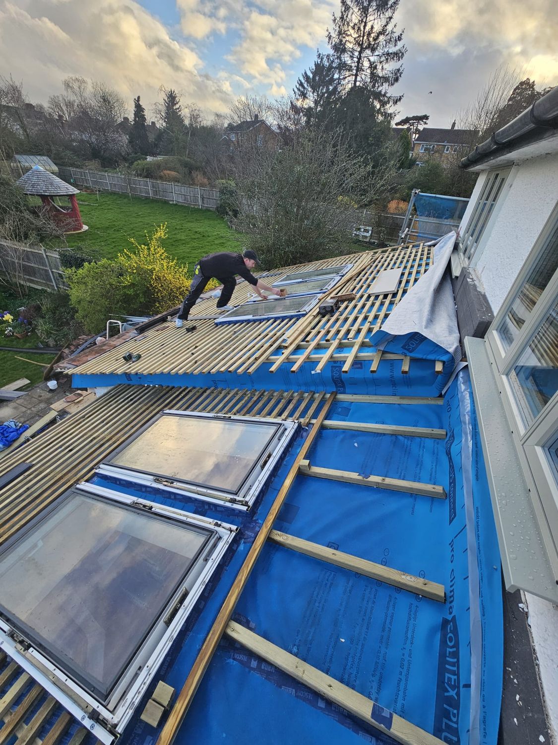 Roof insulated with Gutex wood fibre insulation and Pro Clima Solitex Plus membrane used below battens