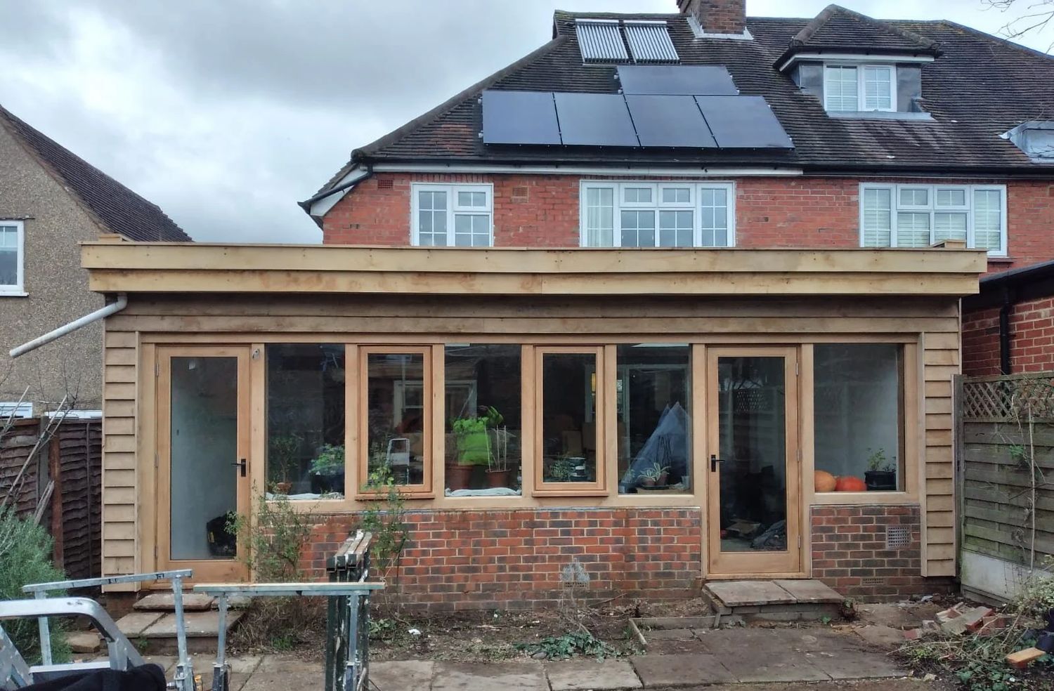 Completed oak framed, insulated extension with green roof