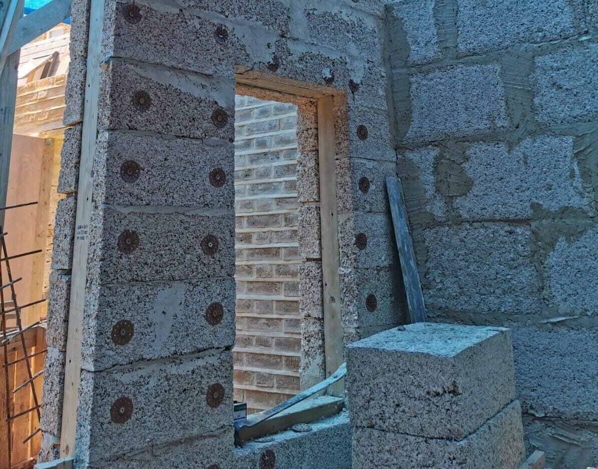 Extension wall is being built with hempcrete blocks